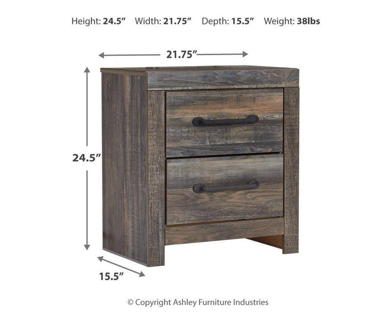 Ashley Furniture Drystan nightstand with a warm wood finish, featuring a single drawer and open shelf for bedroom storage.