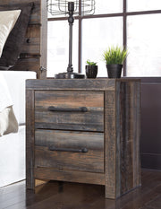 Ashley Furniture Drystan Nightstand with two drawers and wood finish, featuring a sleek modern design and metal hardware.