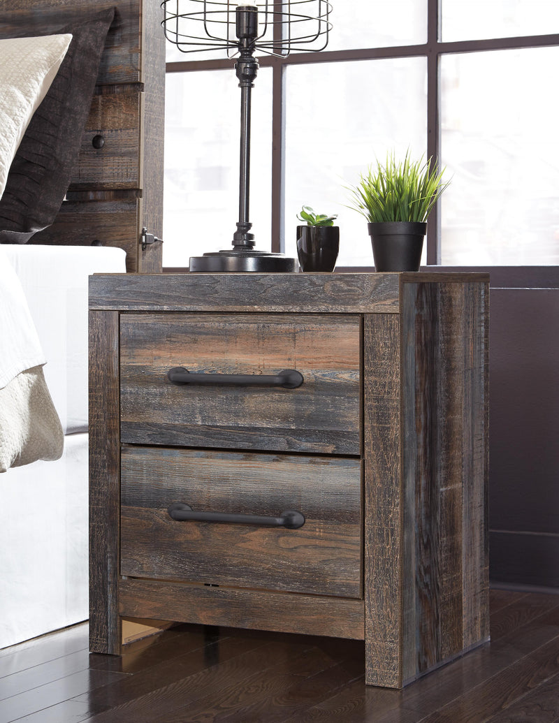 Ashley Furniture Drystan Nightstand with two drawers and wood finish, featuring a sleek modern design and metal hardware.