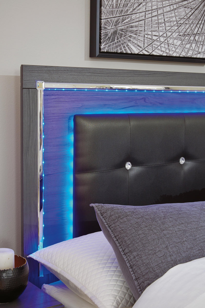 Ashley Furniture Lodanna bedroom set with LED lights, including a bed frame and matching furniture pieces in a modern design.
