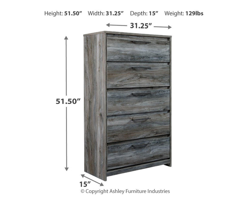 Ashley Furniture Baystorm chest of drawers with a modern wood finish and sleek drawer handles, showcasing a stylish storage solution.