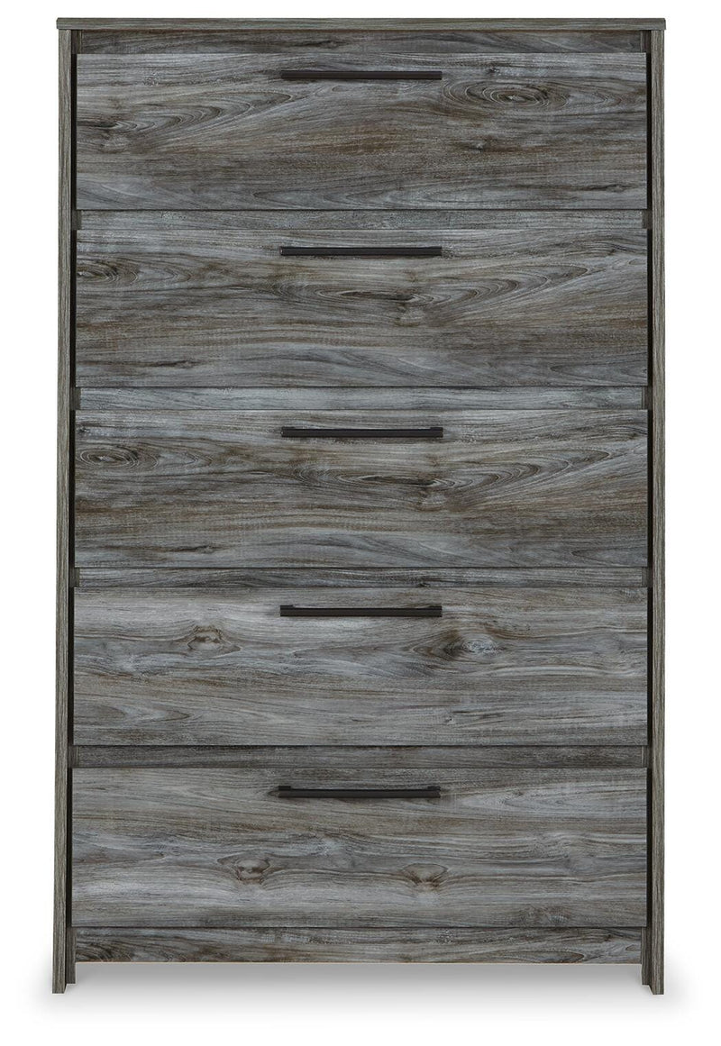 Ashley Furniture Baystorm chest of drawers featuring a sleek, modern design with multiple drawers and a dark wood finish.