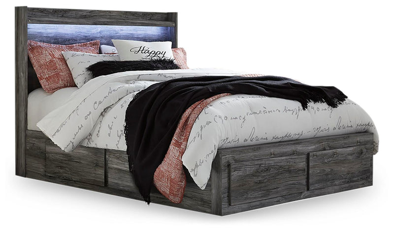 Ashley Furniture Baystorm storage bed with wood finish and built-in drawers, showcasing a stylish and functional bedroom centerpiece.