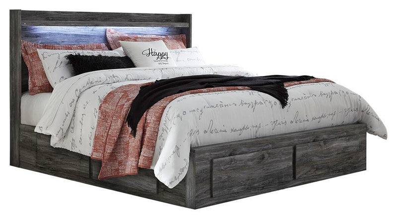 Ashley Furniture Baystorm storage bed with built-in drawers and dark wood finish, showcasing a stylish bedroom furniture piece.