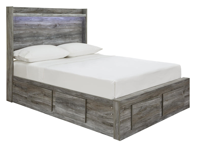 Ashley Furniture Baystorm Storage Bed showing a modern bed frame with built-in storage drawers and a sleek wood finish.