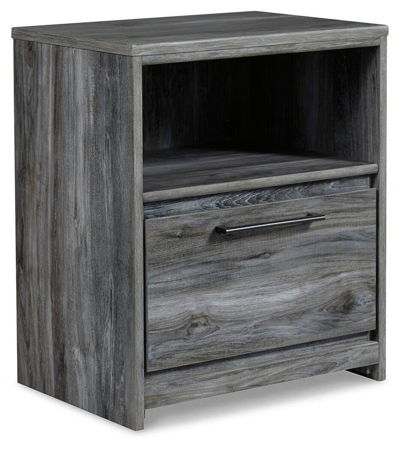 Ashley Furniture Baystorm nightstand with a dark wood finish, featuring a single drawer and open shelf for bedroom storage.