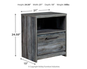 Ashley Furniture Baystorm nightstand with a dark wood finish and sleek design, featuring a single drawer and modern hardware.