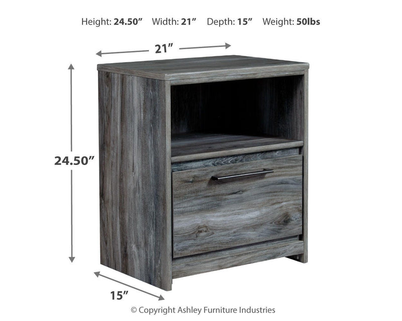 Ashley Furniture Baystorm nightstand with a dark wood finish and sleek design, featuring a single drawer and modern hardware.