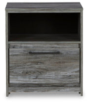 Ashley Furniture Baystorm nightstand with a dark wood finish and modern design, featuring a single drawer and open shelf.