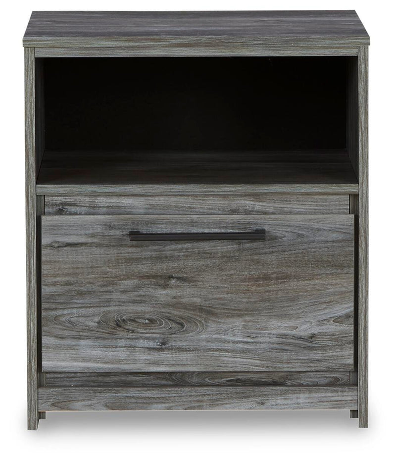 Ashley Furniture Baystorm nightstand with a dark wood finish and modern design, featuring a single drawer and open shelf.