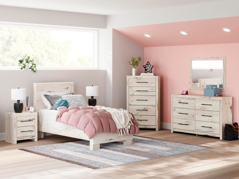 Ashley Furniture Lawroy Bed featuring a modern design with a wood frame and neutral finish, shown in a stylish bedroom setting.