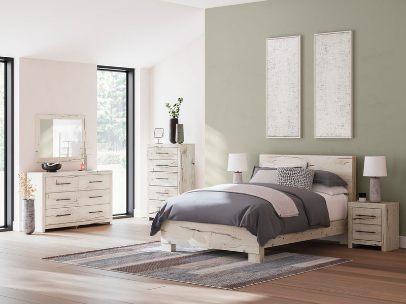 Ashley Furniture Lawroy Bed with a modern wooden frame and neutral finish, showcasing its stylish headboard design.