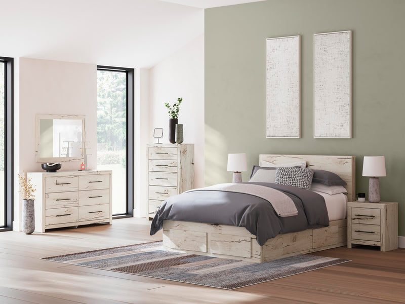 Ashley Furniture Lawroy Panel Storage Bed with a sleek design, showcasing the headboard and built-in storage drawers.