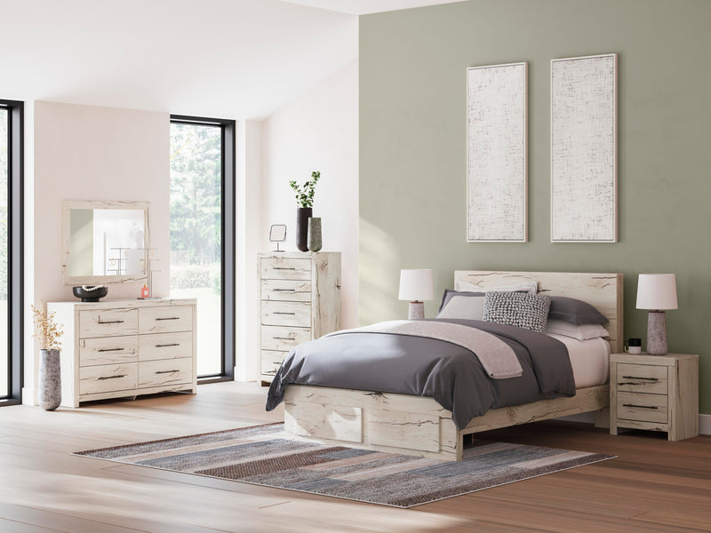 Ashley Furniture Lawroy panel storage bed with a sleek wood finish and built-in storage drawers, showcasing a modern bedroom centerpiece.