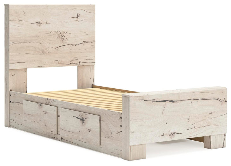 Ashley Furniture Lawroy Bed in a sleek design, shown from an angled view with a wooden finish and modern frame.