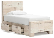 Ashley Furniture Lawroy Bed with a stylish wooden frame, shown from an angle highlighting its modern design and warm finish.