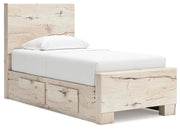 Ashley Furniture Lawroy Bed with a modern wooden frame, shown from an angle highlighting its sleek design and sturdy construction.