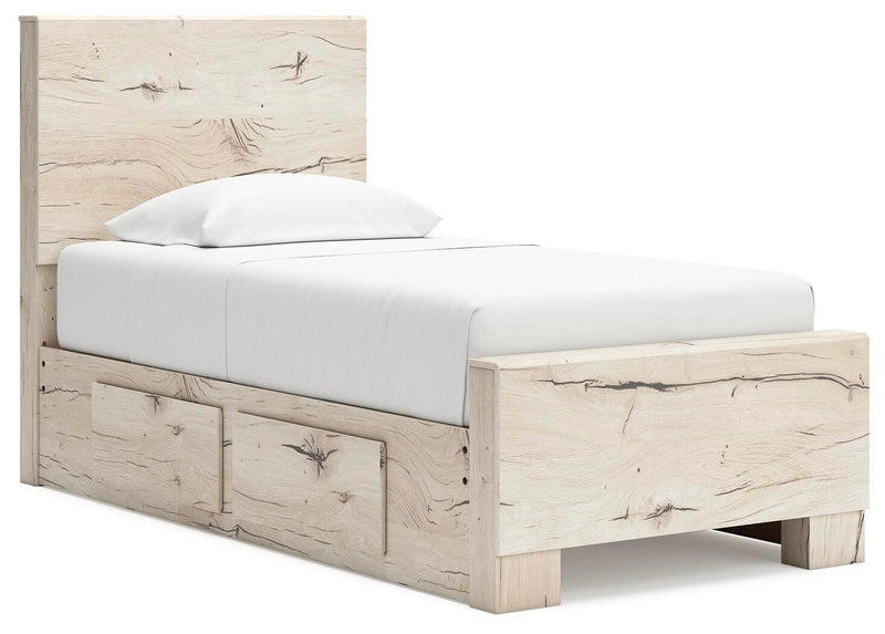 Ashley Furniture Lawroy Bed with a modern wooden frame, shown from an angle highlighting its sleek design and sturdy construction.