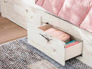Ashley Furniture Lawroy Bed with detailed wood finish and elegant design, shown in a close-up shot highlighting the headboard and craftsmanship.