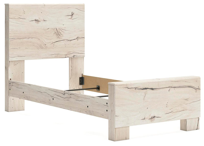 Ashley Furniture Lawroy Bed with a sleek wooden frame and modern design, shown from an angled view highlighting the headboard.