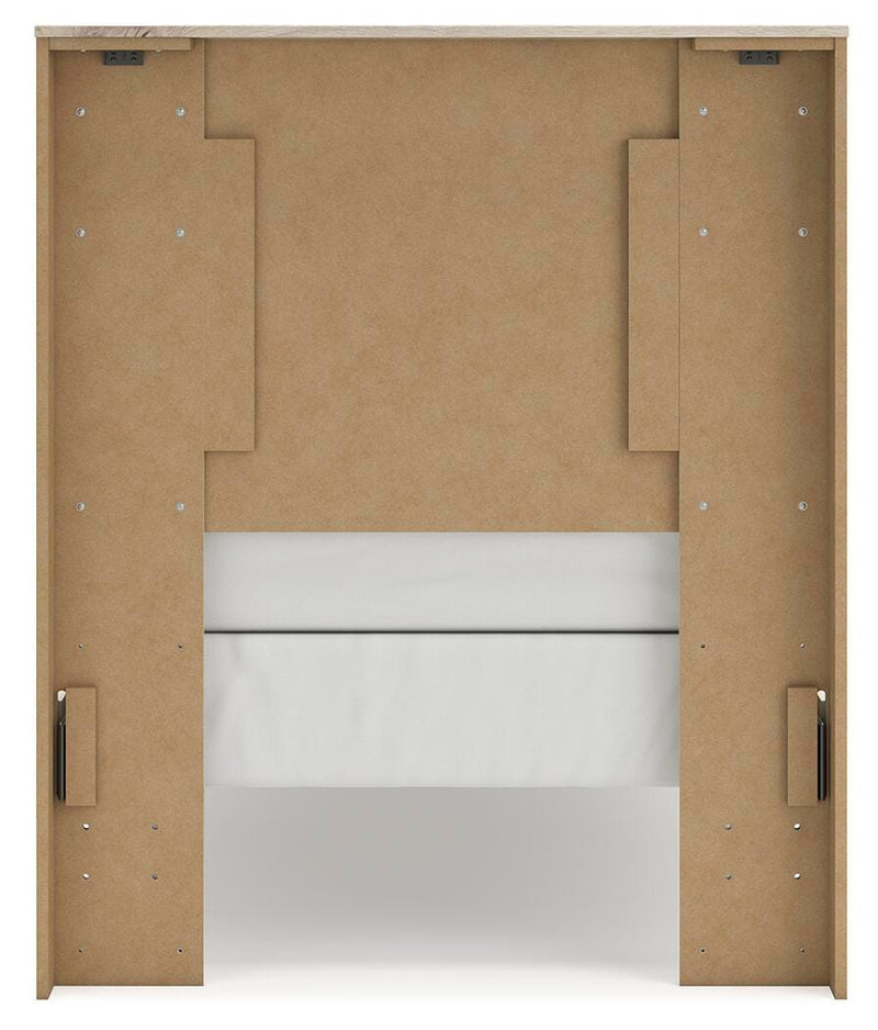Ashley Furniture Lawroy Bed with a sturdy wooden frame and elegant headboard, shown from the back view.