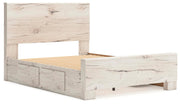 Ashley Furniture Lawroy Bed in a modern design with a sturdy wooden frame and neutral finish, angled view showing headboard details.