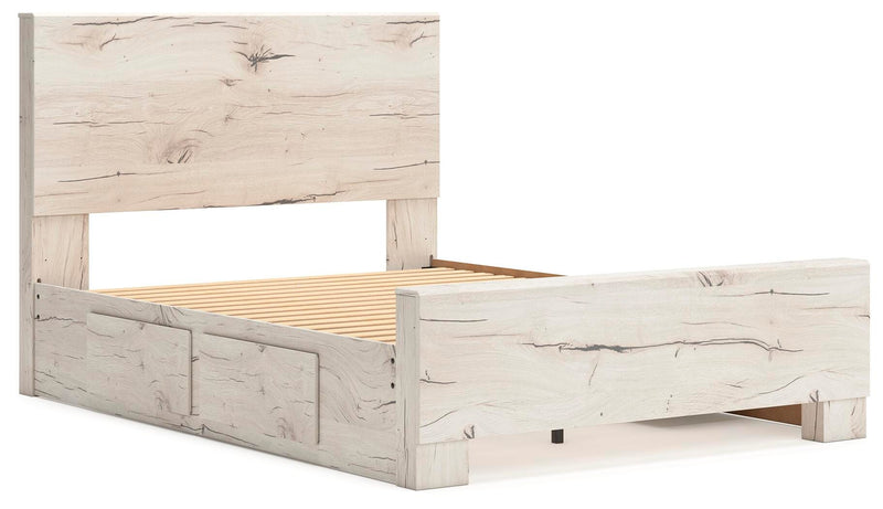 Ashley Furniture Lawroy Bed in a modern design with a sturdy wooden frame and neutral finish, angled view showing headboard details.