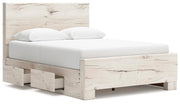 Ashley Furniture Lawroy Bed with a modern wooden frame, featuring a sleek headboard and clean lines, shown from an angled perspective.