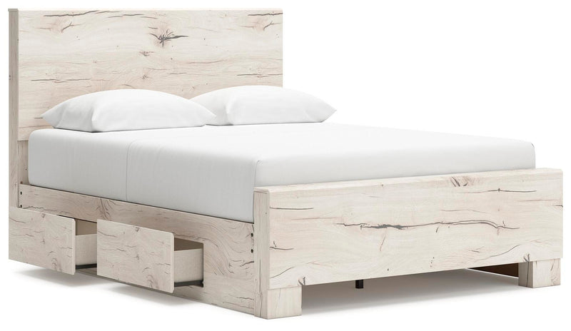 Ashley Furniture Lawroy Bed with a modern wooden frame, featuring a sleek headboard and clean lines, shown from an angled perspective.