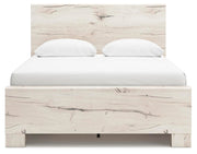 Ashley Furniture Lawroy Bed in a modern design with a wooden frame and headboard, showcasing a sleek, contemporary bedroom setup.