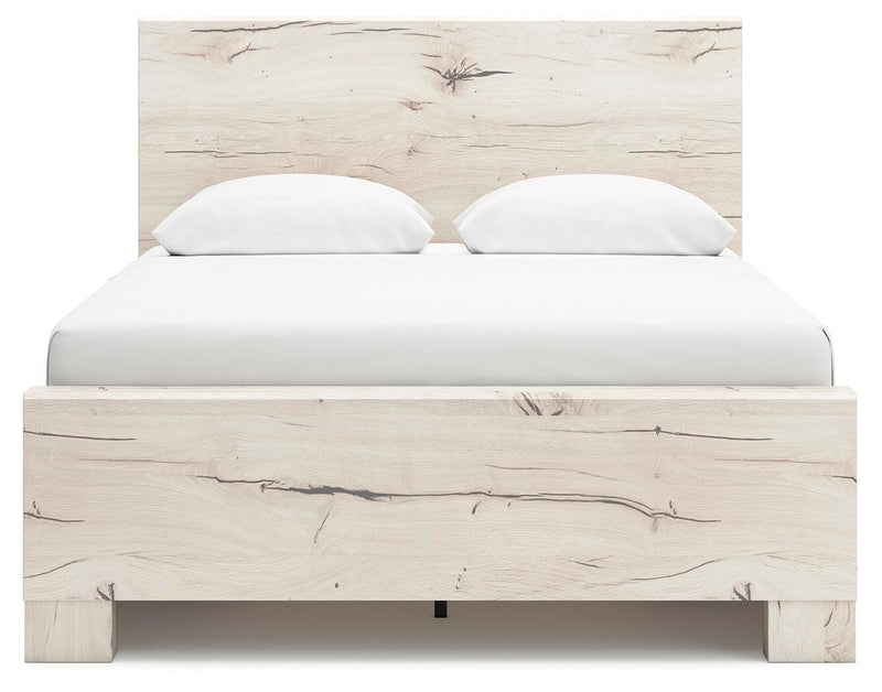 Ashley Furniture Lawroy Bed in a modern design with a wooden frame and headboard, showcasing a sleek, contemporary bedroom setup.