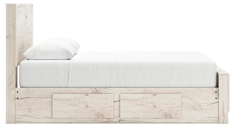 Ashley Furniture Lawroy Bed with a modern design, featuring a sturdy wooden frame and a sleek, upholstered headboard.