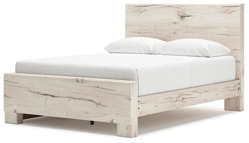 Ashley Furniture Lawroy Bed with a stylish upholstered headboard and wooden frame, shown from an angled side view.