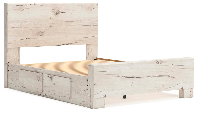 Ashley Furniture Lawroy bed with a sleek frame and headboard, shown from an angled view in a modern bedroom setting.