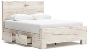 Ashley Furniture Lawroy Bed with open angle view, showcasing the stylish wooden frame and headboard design from a side perspective.