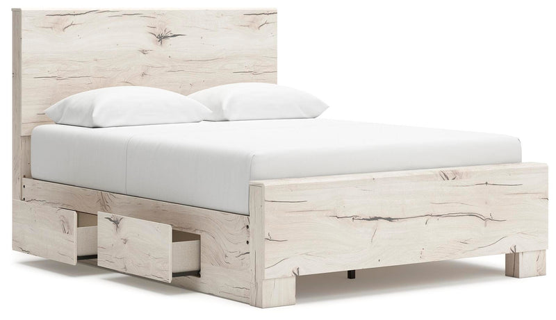 Ashley Furniture Lawroy Bed with open angle view, showcasing the stylish wooden frame and headboard design from a side perspective.