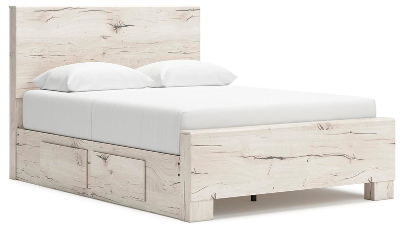 Ashley Furniture Lawroy Bed with a sleek wooden frame and angled design, shown in a stylish bedroom setting.
