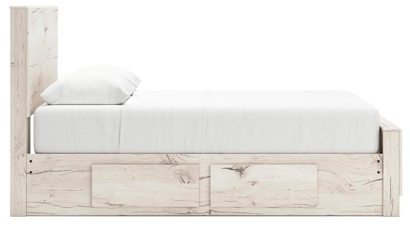 Ashley Furniture Lawroy Bed with a sleek wooden frame and upholstered headboard in a modern bedroom setting.