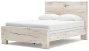 Ashley Furniture Lawroy Bed with a modern frame and neutral upholstery, shown from an angled view highlighting its stylish design.