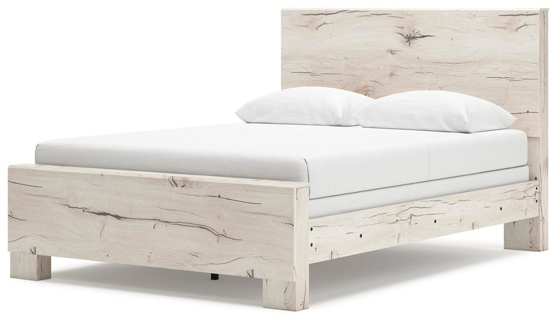 Ashley Furniture Lawroy Bed with a modern frame and neutral upholstery, shown from an angled view highlighting its stylish design.