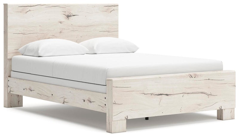 Ashley Furniture Lawroy Bed with a sleek wooden frame and modern design, shown from an angled side view.