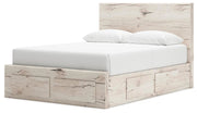 Ashley Furniture Lawroy panel storage bed with built-in drawers, shown from an angled side view in a modern bedroom setting.