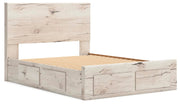 Ashley Furniture Lawroy panel storage bed with a modern wooden design, angled view showing the headboard and storage drawers.