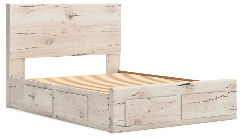 Ashley Furniture Lawroy panel storage bed with a modern wooden design, angled view showing the headboard and storage drawers.