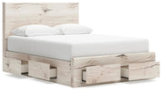 Ashley Furniture Lawroy panel storage bed with open storage drawers and wood finish, shown from a side angle.