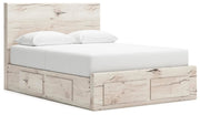 Ashley Furniture Lawroy Panel Storage Bed with a sleek wood finish, showcasing a modern bed frame with built-in storage drawers.