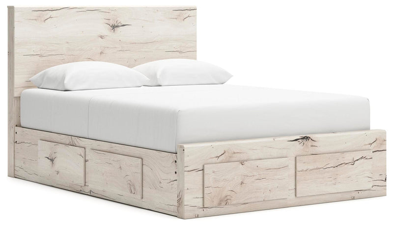 Ashley Furniture Lawroy Panel Storage Bed with a sleek wood finish, showcasing a modern bed frame with built-in storage drawers.