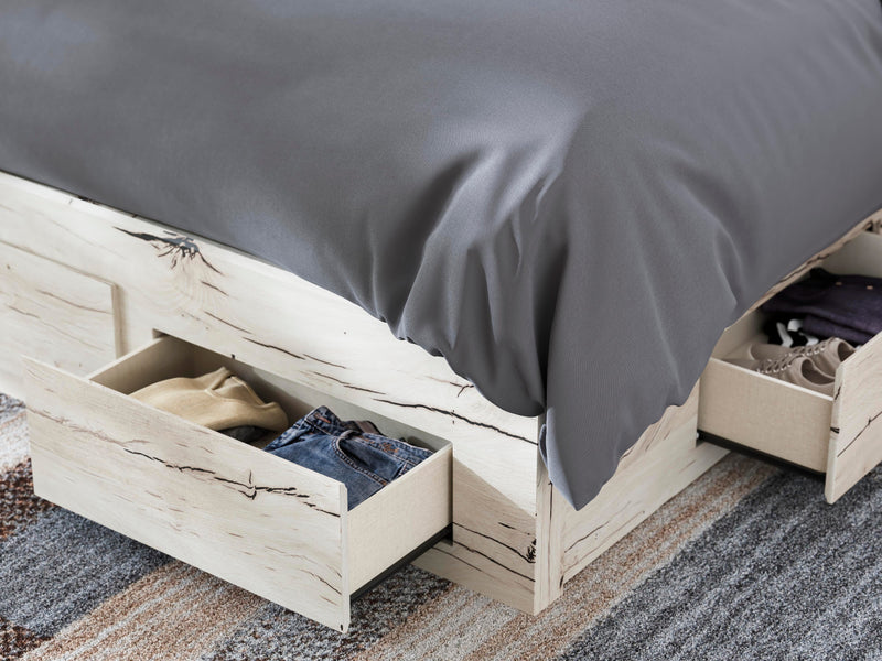 Ashley Furniture Lawroy panel storage bed with sleek wood finish and built-in storage drawers, shown from a detailed angle.
