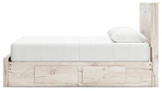 Ashley Furniture Lawroy Panel Storage Bed with wooden finish and side view showing storage drawers and modern design.