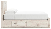 Ashley Furniture Lawroy panel storage bed with a sleek wooden finish and built-in storage drawers on the side.